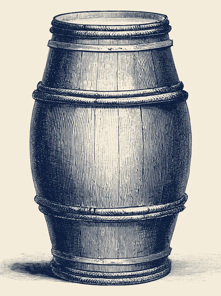 An engraved 225 liter barrique with a level gauge: 50 million years, from the bottom up.